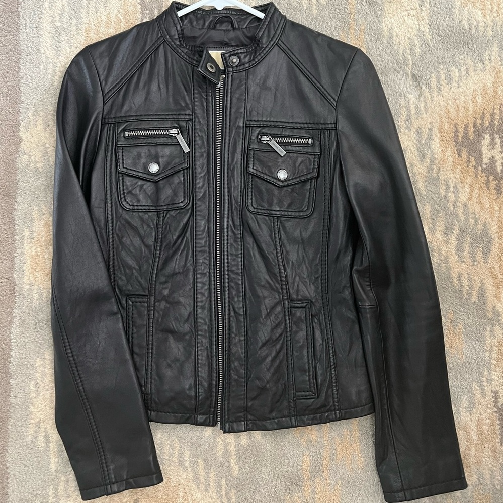 MICHAEL Michael Kors Black Leather Moto Jacket with Snap Collar